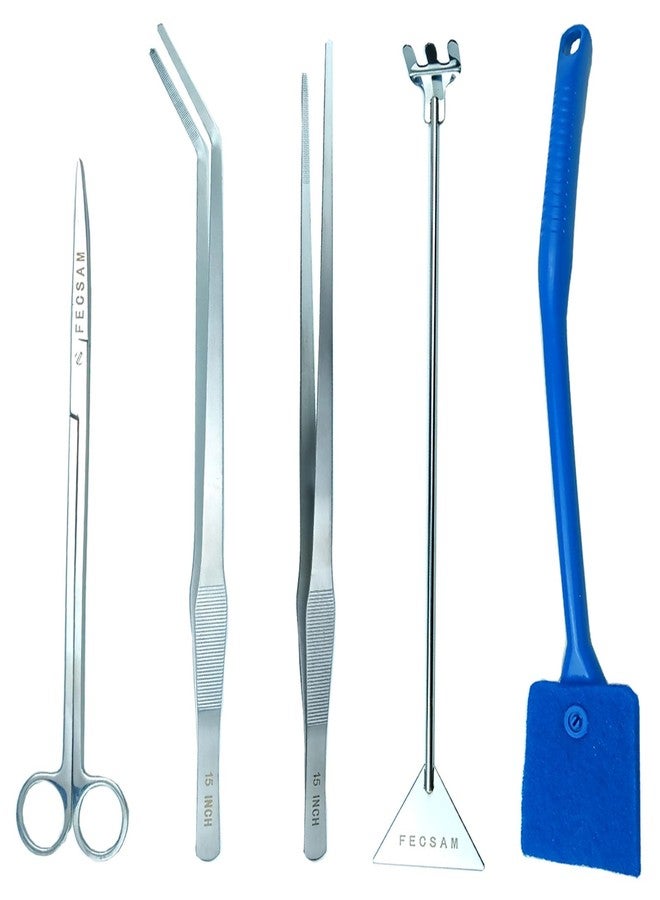 Fecsam Aquarium Aquascape Tools Kit + Brush - 15 inch Stainless Steel Aquatic Tweezers/Feeding Tongs, Scissors, Spatula, Algae Scraper, Rake for Fish Tank Cleaning Scrubbing, Trimming, Terrarium Supplies - Image 1